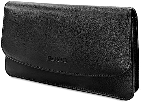 MANAGE Kosmetiktasche Damen mit Spiegel - Schminktasche klein aus echtem Leder - edle Clutch Schwarz 18,5x10x3,5cm
