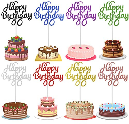 40 Pieces Happy Birthday Cake Toppers - Glitter Picks for Dessert Decorations - Party Supplies in 8 Colors