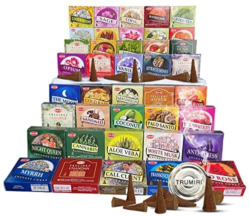 Hem Incense Cones Variety Pack of 12 Randomly Selected Fragrances and Incense Cone Holder Bundle Total 120 Cones