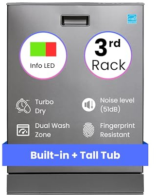 Equator 24″ Built-In Dishwasher with 3rd Rack – Top Control, 15 Place Settings, 8 Wash Cycles, Energy Star, Quiet 51 dB in Silver