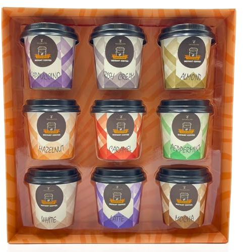 Coffee Gifts - Instant Coffee Hamper - 9x Flavours Mini Travel Takeout Cups |Irish Cream, Salted Caramel, Latte, Mocha and More- Xmas Birthday - Christmas Gifts for Women Men -Drink for Coffee Lovers