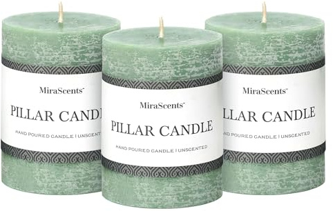 3x4 Inch Sage Green Pillar Candles - Set of 3, Unscented, Long Burning, Smokeless Dripless Candles for Spring Home Decor, Dinner Table, Bathroom, Rustic Decor