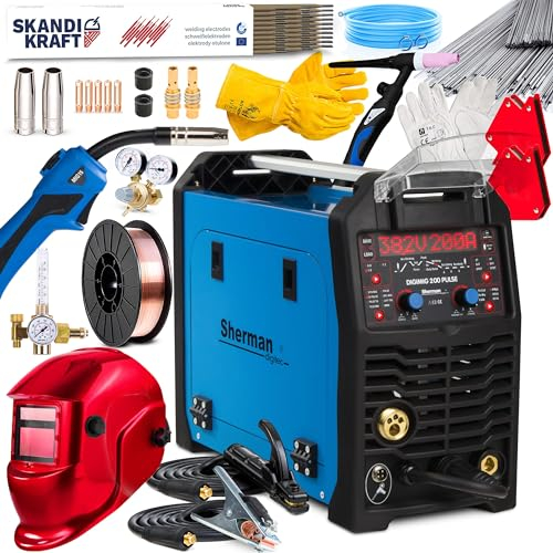 Sherman DIGIMIG 200 Pulse - 230 V 200 A Maquina de soldar de hilo sin gas y con gas 3 en 1 - Double Pulso, Sinergia - MIG MAG, MMA, TIG LIFT - Funciones: 2T/4T, Memoria de ajustes - Set Professional