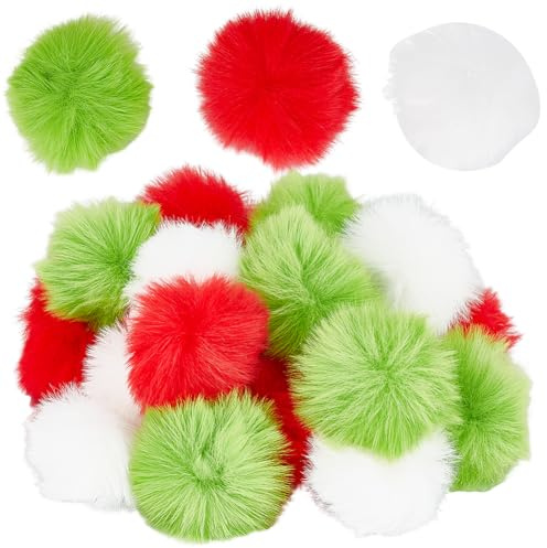 SUNNYCLUE 1 Box 30 Stück 40mm Weihnachts Pompon Bälle,Puffball Groß Weich Flauschig Weihnachts Pompons Unterschiedliche Farben Rot Grün Weiß Pompons Künstliche Wollbälle Großpackung Für DIY Kreatives