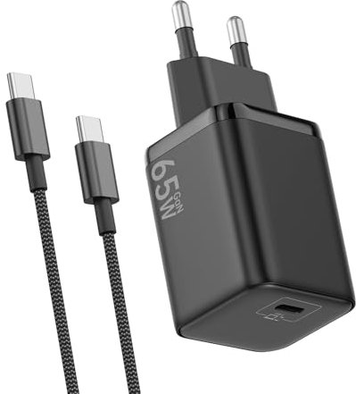 Cargador USB C 65W, Carga Rápida PD3.0 PPS Adaptador Portátil GAN II con Cable USB C Trenzado 2M, Compatible para MacBook Pro/Air, para iPhone 17/16/15, para Samsung Galaxy S25/S24/S23 Ultra(Negro)