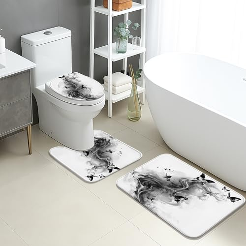 Elegante juego de 3 alfombrillas de baño, color negro y blanco, con diseño de mariposa, absorbente, antideslizante, en forma de U, lavable, moderno juego de alfombras de baño de espuma viscoelástica