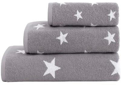 BESCH Set de 3 Toallas – Diseño Estrellas Reversible – Algodón 100% Extra Suave y Absorbente – Tamaños: 30x50, 50x90 y 100x150 cm (Estrellas Gris Oscuro)