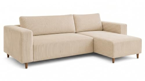 MARPUR Ecksofa mit Schlaffunktion & Bettkasten – Cord Creme – 249x142 cm – Eckcouch L-Form – Schlafsofa Wohnlandschaft – Ottomane Universal – Couch
