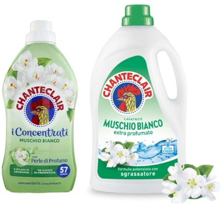 ChanteClair Muschio Bianco Laundry Care Kit, White Musk Concentrated Detergent 1260ml and Fabric Softener 1140ml, 57 Washes