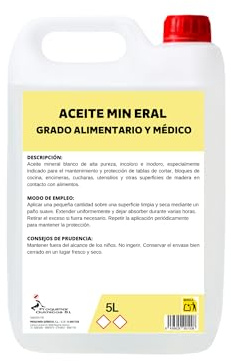 Aceite Mineral Grado Alimentario 5 Litros – Protector para Tablas de Cortar, Encimeras y Utensilios de Madera – Incoloro, Inodoro y Seguro para Contacto con Alimentos