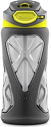 ZULU Torque 16oz Plastic Kids Water Bottle with Silicone Sleeve and Leak-Proof Locking Flip Lid, Soft Touch Carry Loop for School Backpack, Lunchbox, BPA-Free Dishwasher Safe, Grey/Green