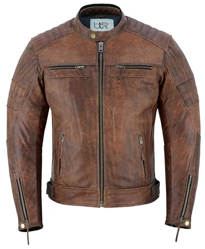 BTR BORN TO RACE Men's Motorbike Leather Jacket Distress Zip Up Bikers Riding Protection Motorcycle Leather Jackets (US, Alpha, Medium, Regular, Regular, Natural Antique Brown-Jacket)