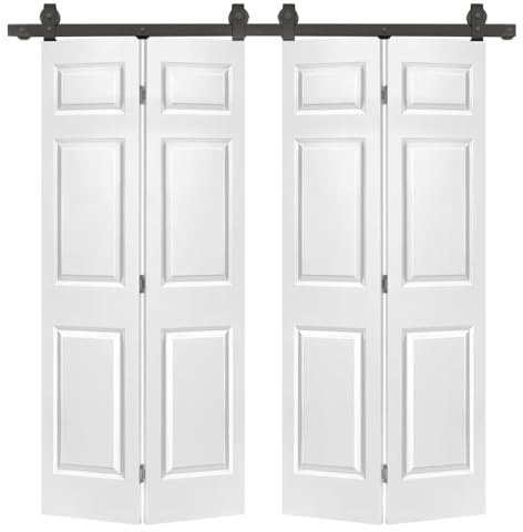 60 in. x 84 in. Hollow Core 6 Panel Primed MDF Composite Double Bi-Fold Barn Door with Sliding Hardware Kit