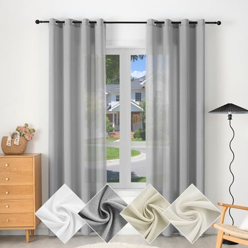 WOLTU Gardine mit Ösen, Vorhang für Wohnzimmer Schlafzimmer, Leinenoptik, Halbtransparent, modern, 135 x 245 cm, Grau