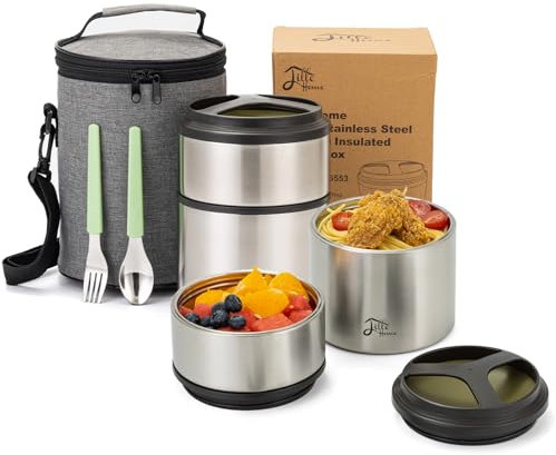 Lille Home Thermos alimentaire isotherme de 1500 ml, empilable, en acier inoxydable, boîte à déjeuner/collation, récipient à 2 niveaux avec sac à déjeuner (Green)