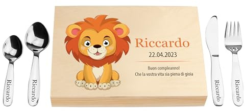LAUBLUST Posate per bambini con stampa del nome e scatola regalo in legno personalizzata | 4 pezzi - Posate in acciaio inox | Regalo personalizzato per ragazzi e ragazze (Leone)