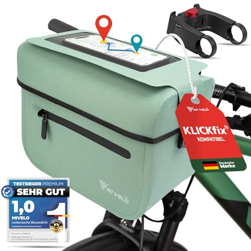 MIVELO Lenkertasche Fahrrad für KLICKfix inkl. Adapter - 100% wasserdicht - Fahrradtasche Lenker - abnehmbares Handyfach - Lenkertasche - Tasche Lenker - E-Bike tauglich (Mint mit Adapter)