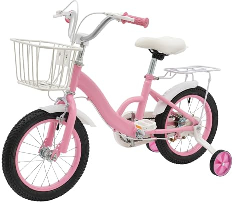 SanBouSi 14 Zoll KinderFahrrad für ab 3 Jahren Mädchen Fahrrad Kinder mit Stützräder Korb Rosa