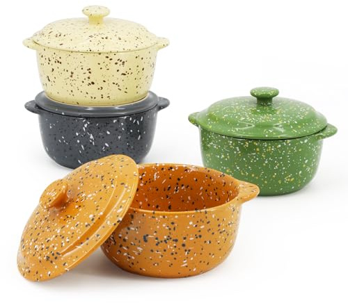 Ceramic Mini Cocotte Set of 4 for Oven,10 Oz Small Casserole Dishes with Handles and Lid,Individual Serving Pot for Souffle,Soup,Cobbler,Stoneware Baking Ramekins,Assorted Colors