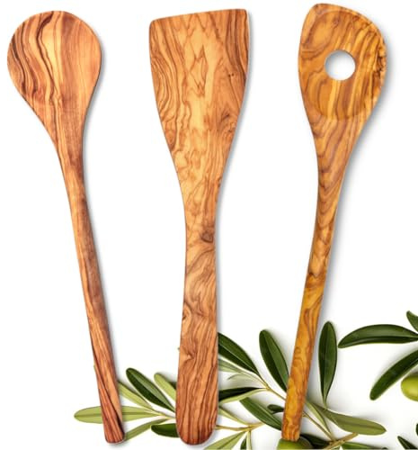Stilux® Olivenholz 3er Set Küchenhelfer Karthago | 30 cm | Pfannenwender, Kochlöffel und Risottolöffel | Küchenutensilien Kochlöffelset Holzlöffel | Hygienisch, hitzebeständig & nachhaltig