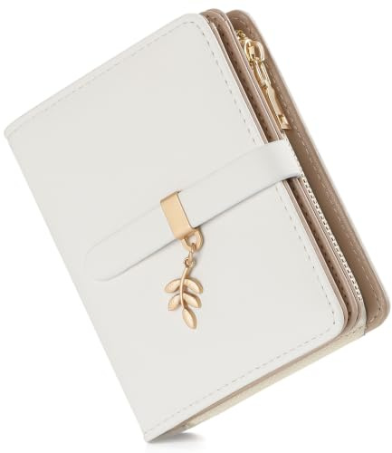RRANCharltu Portefeuille Femme Cuir Porte Monnaie Petit Blocage RFID,Blanc | Portefeuilles et Porte-Cartes,Fermeture éclair Poche à Monnaie,Fenêtre ID,Pendentif Feuille,Simili Cuir,Voyages,Cadeaux