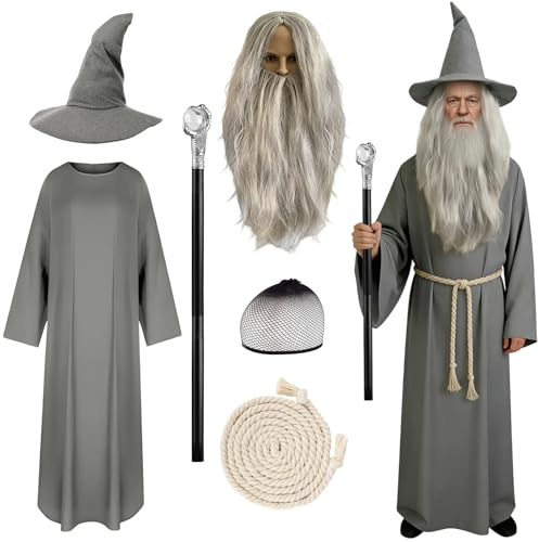 Disfraz de Mago para Adultos: Sombrero de Mago Gris Modificable a Voluntad, Túnica Gris, Peluca & Barba, Varita Mágica Ensamblable, Red para Cabello, Cinturón de Yute, Disfraz para Fiesta de Carnaval