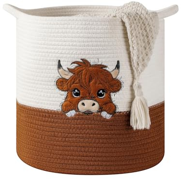 Cesta Giochi Bambini Cesto Portaoggetti Grande in Corda di Cotone per Coperte e Giocattoli, Highland Cow Basket per Cameretta Bambini, Cestas Portabiancheria per Soggiorno, Decorazione Highland Cow
