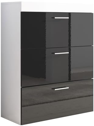 MB Muebles Bonitos, Cómoda Dalia con 3 Cajones y Tiradores Metálicos, Mueble para Dormitorio de Melamina Brillo, Color Blanco y Negro, 75x99x36 cm