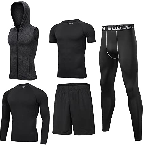 BUYJYA - Set di 5 Indumenti a Compressione da Uomo, con Pantaloni, Pantaloncini, Maglietta, Maglia a Maniche Lunghe e Felpa, per Atletica, Palestra e Allenamento, XXX-Large