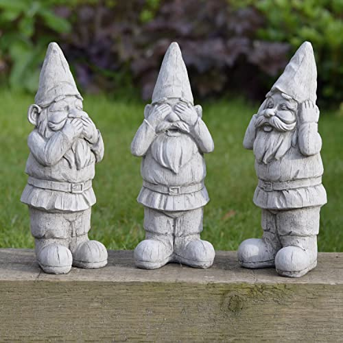 ONEFOLD - WISE GNOMES GARDEN STATUES | HEAR NO EVIL SPEAK NO EVIL SEE NO EVIL GNOME | HAND CAST STONE GARDEN ORNAMENTS | DETAILED DECOR | GIFT IDEA