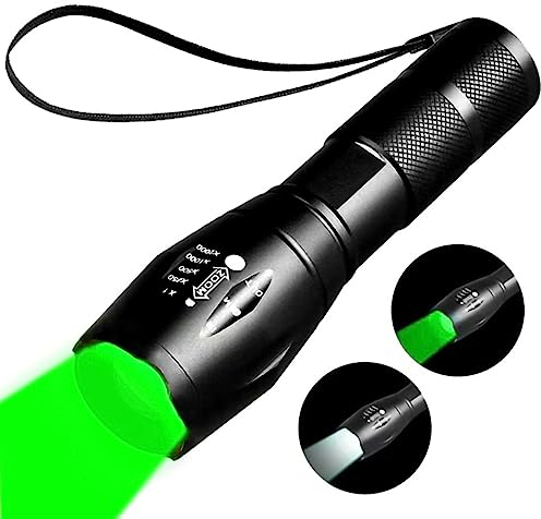 YZYOE Two-in-one Flashlight with White Light and Green Light，Green Flashlight Hunting Rechargeable， Outdoors Zoom Green Tactical Flashlights ，2 Modes.