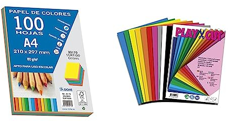 DOHE - Farbiges Papier DIN A4, 80 g. Leuchtende Farben sortiert - 100 Blatt & PLAY-CUT Tonpapier A4 (130g/m2) | 50 Bogen Din A4 Papier zum Basteln Drucken | Dickes Bedruckbares Bastelpapier Set