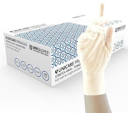UNIGLOVES Unicare GU0072-A Premium-Stretch-Vinyl-Einweghandschuhe, puderfrei, latexfrei, schwer, Box mit 100 Handschuhen, naturfarben, Größe S