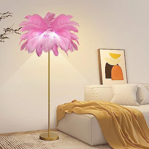 Lampadaire en plumes roses, 3 températures de couleur, lampadaire en plumes de palmier pour le salon, lampe sur pied de 1,6 m de haut avec interrupteur au pied, lampadaire doré pour chambre à coucher,