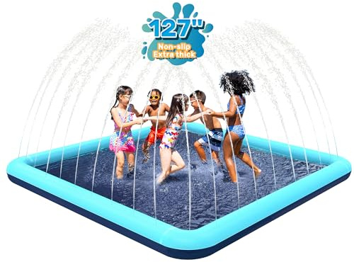 Bilibara 127'' Splash Pad for Dogs, Non-Slip Sprinkler for Kids, Square Splash Pad for Kids Ages 4-8, Splash Pads for Toddlers 1-3, Dog Sprinkler Shallow Pool, Outdoor Water Toys for Backyard, Teal