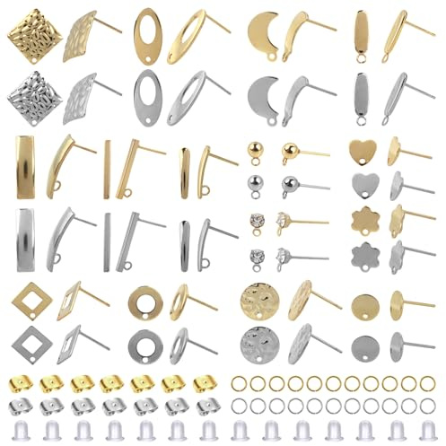 TOAOB 60 Piezas Base de Pendiente de Acero Inoxidable Hipoalergénicos Almohadilla Color Plateado y Dorado con 15 Estilos de Tapones y 120 Cierres de Mariposa Pendientes para Creación de Joyas