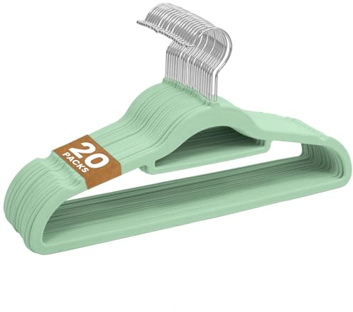 Sasha Morel Lot de 20 cintres en velours antidérapant pour vêtements, cintres peu encombrants pour adultes avec organiseur de cravates et crochets pivotants – Cintres de rangement pour vêtements (vert