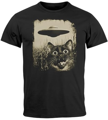Neverless® Herren T-Shirt UFO Katze Alien Print Aufdruck Printshirt Männer Fashion Streetstyle Schwarz XL