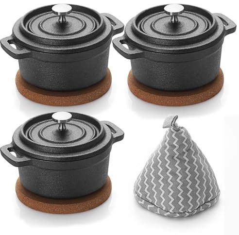SUMNACON 3 Pcs Cast Iron Mini Dutch Oven Pots, 8 oz Mini Cocotte Pan Kitchen Garlic Roaster Pot Small Round Oven Pot with Lid and Cork Pan Mat for Family Party Picnic