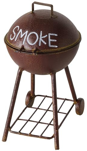 Smoke Ashtray, Lidded Dome, Pedestal Base, BBQ Grill Party Style, Antique Brown Lacquered Iron, 9.5 Inches