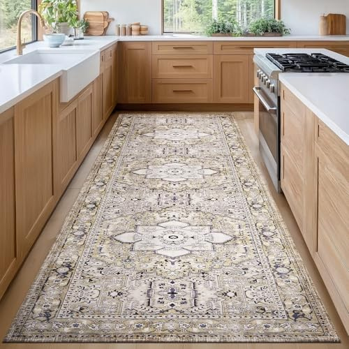 PURRUGS Vintage Farmhouse Boho Läufer, rutschfest, maschinenwaschbar, Akzentteppich für Küche, Flur, Eingangsbereich, Schlafzimmer, Wohnzimmer und Esszimmer, Taupe/Vanille
