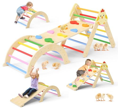 Lischwert 7 in 1 Triangle Climbing Frame for Toddlers, Foldable Wooden Indoor Climbing Triangle Set with Ramp and Arch, Montessori Climber Toys Play Gym for Kids (mix color)