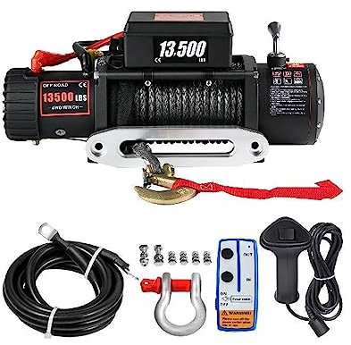 13500 LBS 12V Verricello elettrico Verricello sintetico for fune di traino 27M / 92FT Paranco di sollevamento for rimorchio for auto 4X4 ATV Camion Fuoristrada Barca per principianti fai da te
