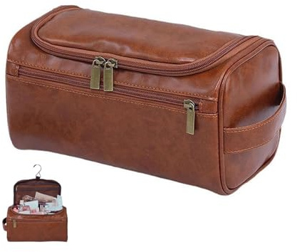 Borsa da toilette da uomo, in pelle PU, borsa da bagno, borsa da bagno, palestra, organizer per trucchi, regalo per sposo, festa del papà, compleanno, marito, nonno, Marrone, classe