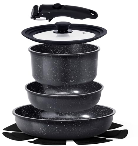 GiPP Pots and Pans Set Non Stick,8PCS Cookware Sets Grey Ceramic Nonstick Detachable Handle,Induction Kitchen Set Removable Handle，RV Cookware Set,PFOA Free (Grey, 8PCS-Plus)