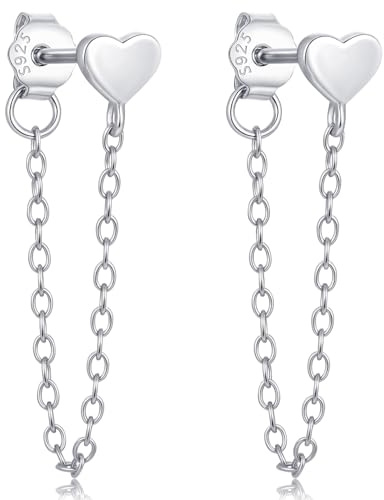 HUABOLA CALYN Silver Studs Earrings for Women, Waterproof Heart Dangle Earrings, Tiny Hypoallergenic Cartilage Earrings for Girls
