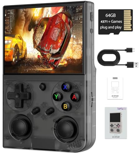G350 Retro Handheld Game Console , 3.5 Inch IPS Screen Linux System Built-in 64G TF Card 4371 Games Preloaded Handheld Game Console 3200mAh Battery(Transparent Black)
