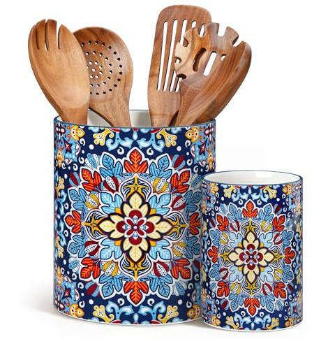 vancasso 2-tlg Küchenutensilienhalter, 18,6 cm + 14 cm Keramik Utensilienhalter im Boho-Stil, Behälter für Küchenutensilien, Kitchen Utensil Holder für Spatel & Löffel, Dämmerungsblüte