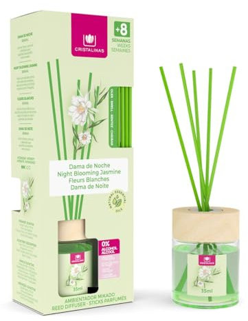 Cristalinas 35ml Night Blooming Jasmine Air Freshener for Home - Reed Diffuser for home - Home Fragrance Lasts upto 8 weeks - Room Diffuser Sticks with Coloured Fragrance Oil