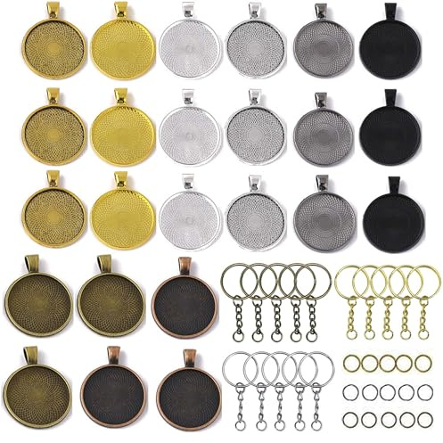 Allazone 24 Stück Anhänger Tablett mit Glas Cabochon Retro Glaskuppel Bastelset 25mm, 15 Stück Anhängerschnalle für DIY Souvenir Bild Medaillon Halskette Geschenk Schmuckherstellung